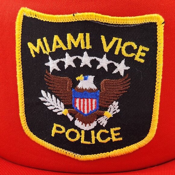 Miami Vice Police Patch 3 Stripe Trucker Hat Mesh Vtg 80s Red Snapback Cap - Picture 2 of 9